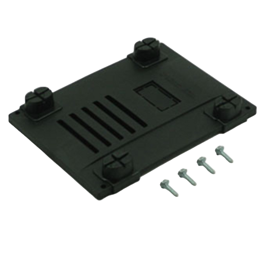 Black metal bracket with screws on a white background