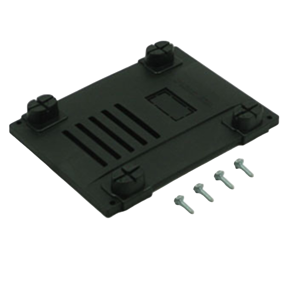 Black metal bracket with screws on a white background