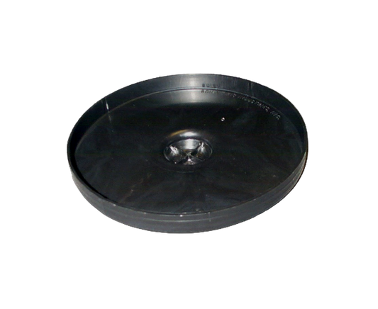 Black round plastic tray on a white background