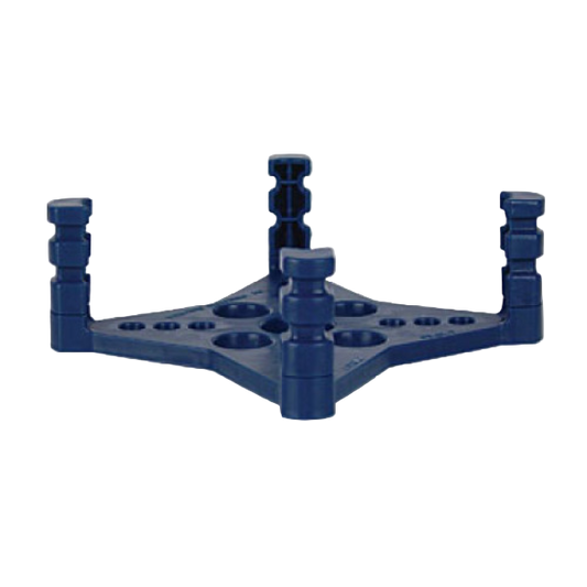Blue metal bracket with multiple holes on a white background
