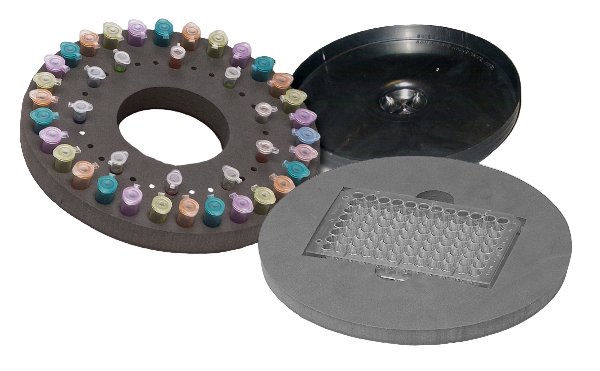 Round plastic tray with colorful beads and a black lid on a white background