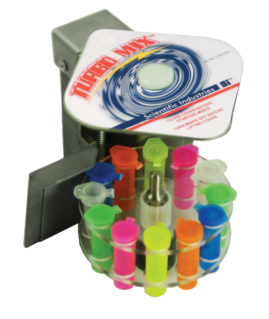 Turbo Mix device by Scientific Industries with colorful reaction tubes on a white background