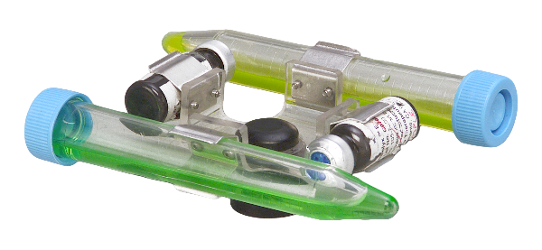 Green and clear skateboard with blue wheels on a white background