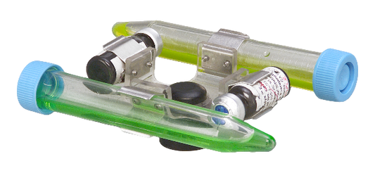 Green and clear skateboard with blue wheels on a white background