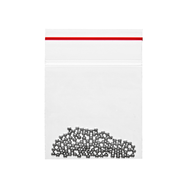 Small metal balls in a clear plastic bag with a red strip on a white background