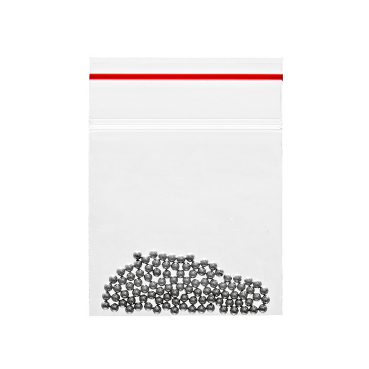 Small metal balls in a clear plastic bag with a red strip on a white background