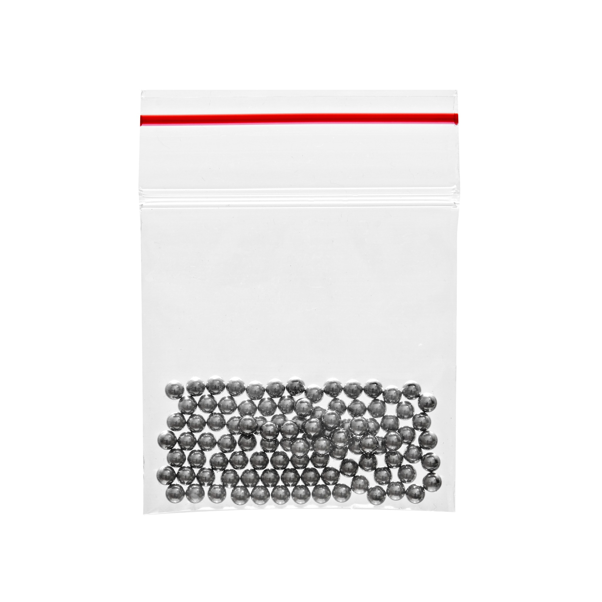 Clear plastic bag with red zipper containing small gray beads on a white background