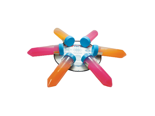 Colorful fan with pink, orange, and blue blades on a white background