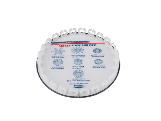 Multi tube holder with various symbols and text on a white background