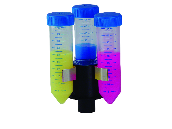 Three graduated cylinders with blue, green, and pink liquids on a white background