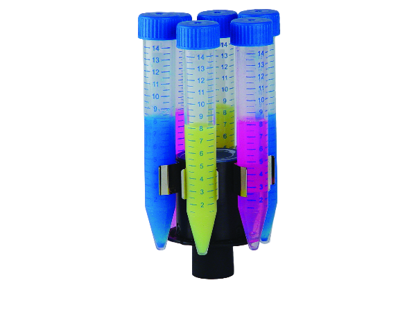 Colorful test tubes with blue, green, and purple liquids on a white background