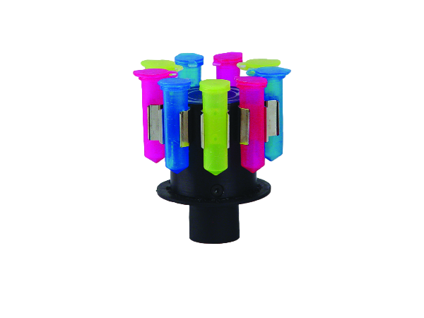 Colorful cylindrical holder with multiple compartments on a white background