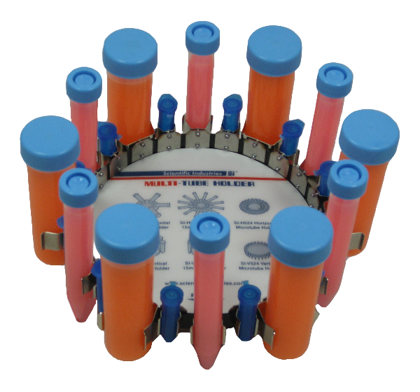Test tube holder with orange and blue test tubes on a white background