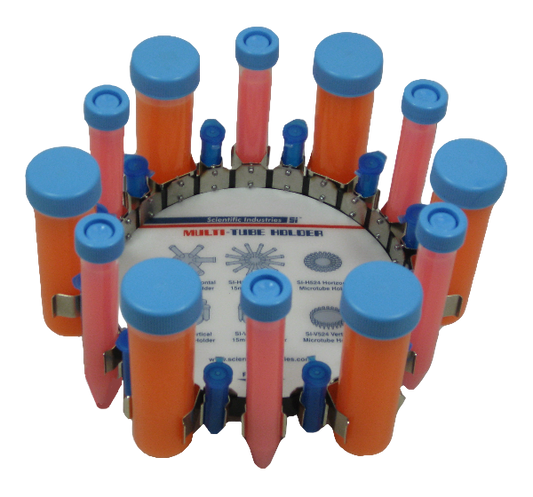 Test tube holder with orange and blue test tubes on a white background