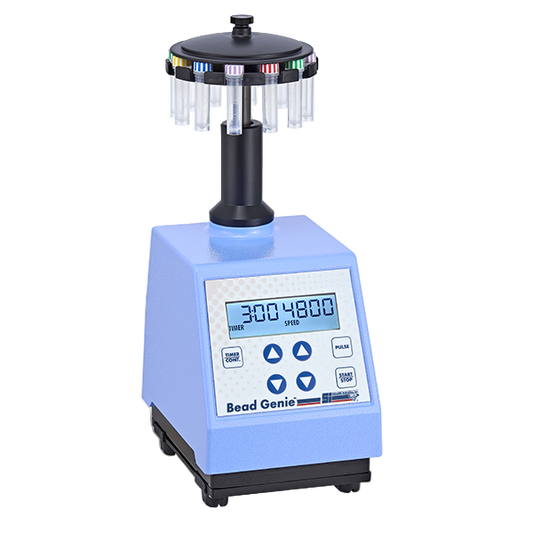 Bead Genie lab equipment with digital display on a white background