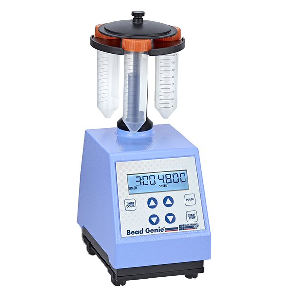 Bead Genie lab blender with digital display on a white background