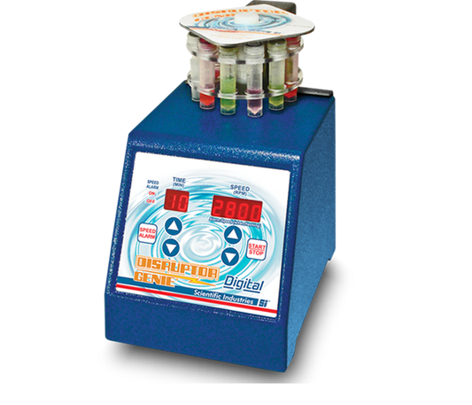 Blue digital device with sample vials on a white background