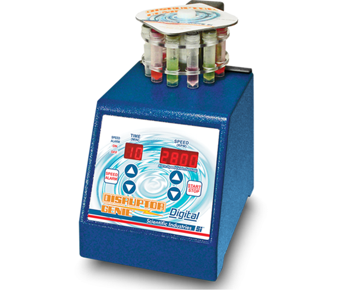 Blue digital device with sample vials on a white background