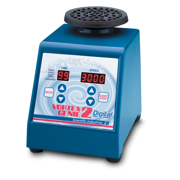 Blue laboratory mixer with digital display on a white background