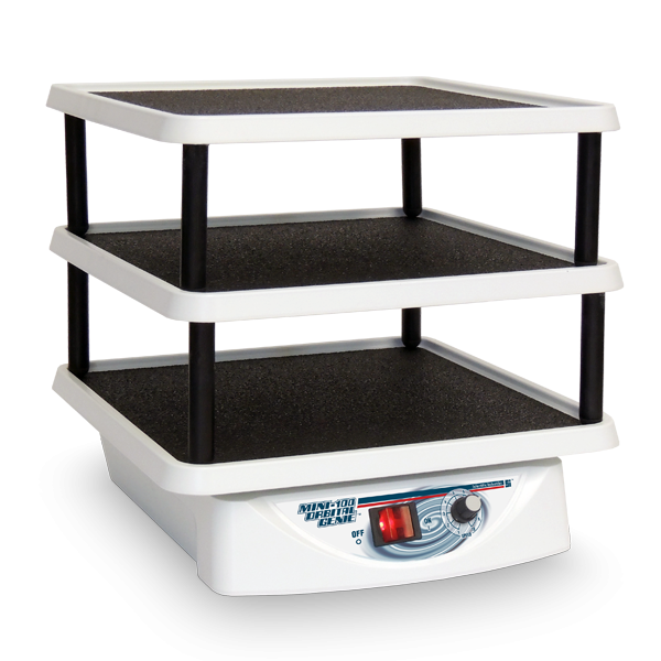 Three-tiered display stand with a control panel on a white background