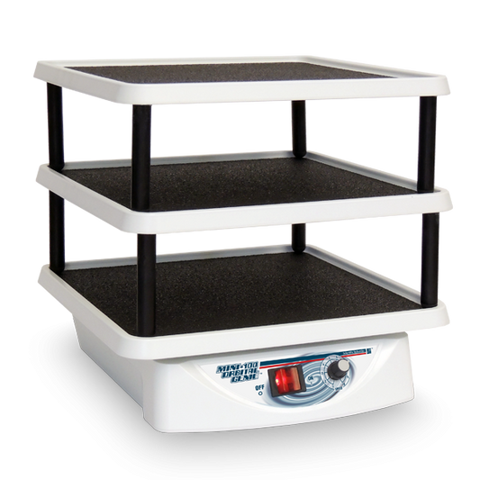 Three-tiered display stand with a control panel on a white background