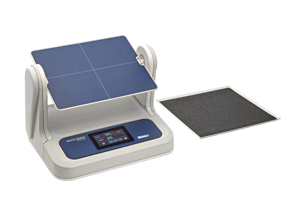 Digital scale with blue platform and digital display on a white background