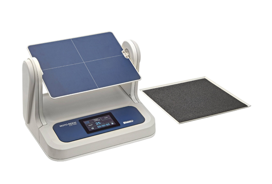 Digital scale with blue platform and digital display on a white background