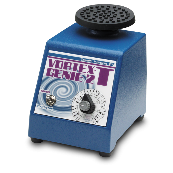 Blue laboratory device labeled 'Vortex Genie 2' on a white background