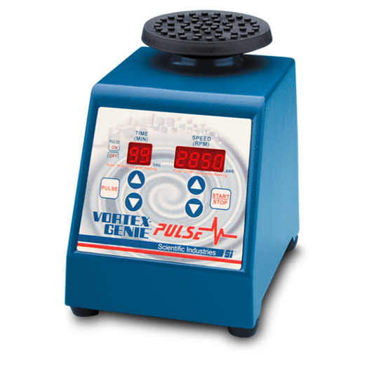 Blue scientific vortex mixer with digital display on a white background